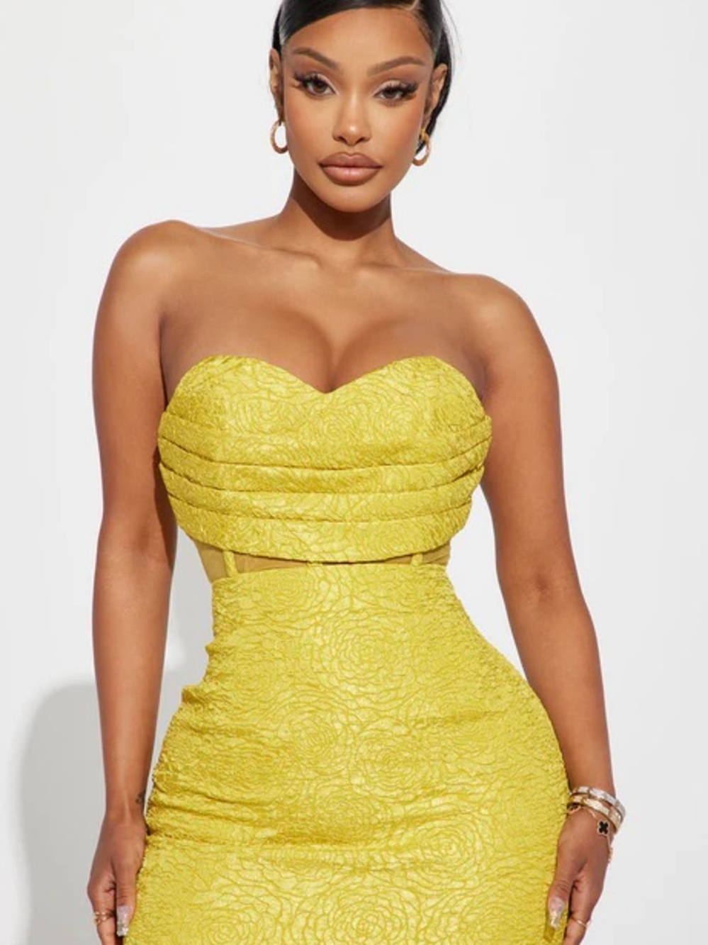 Strapless Sweetheart Textured Yellow Midi Dress